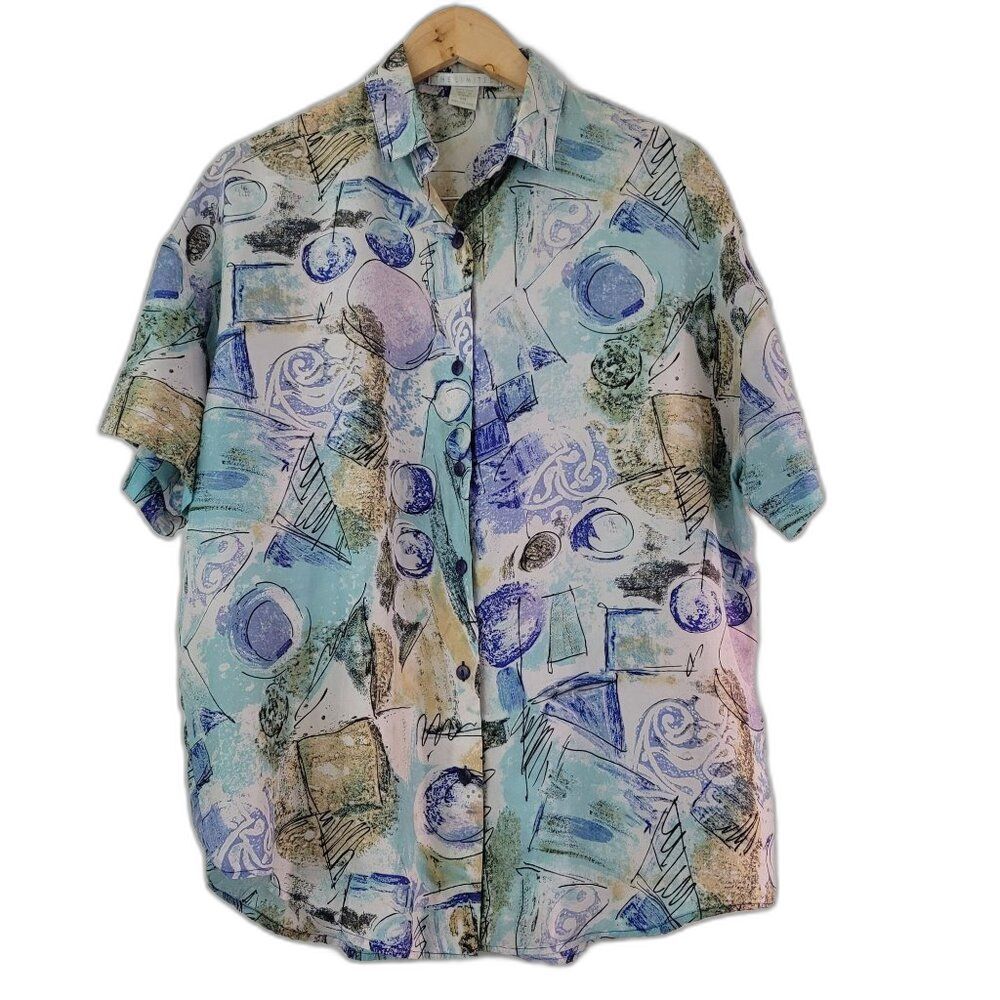 Vintage The Limited Sz XS Abstract Art Print Oversized Silk Blouse Shirt 90s